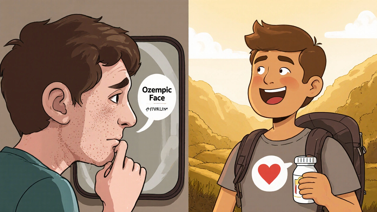 A person with hollowed cheeks looks in a mirror, then smiles while hiking with a pill bottle.