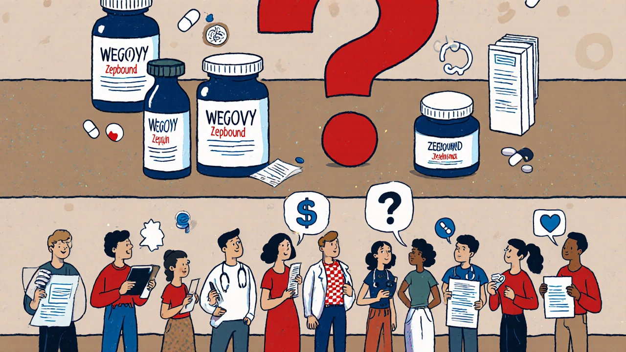 A pharmacy shelf with expensive weight-loss drugs and diverse patients facing insurance challenges.