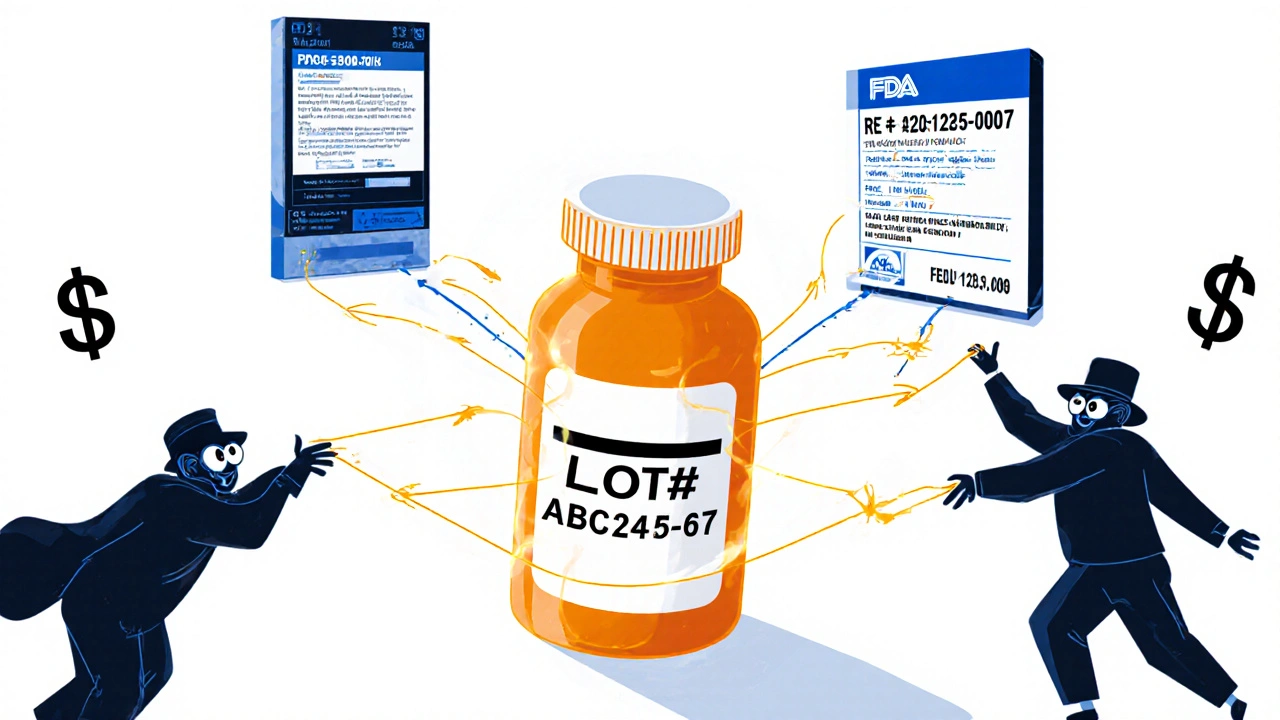 A prescription bottle with its lot number linked to an official FDA recall notice, while scam figures try to interfere.