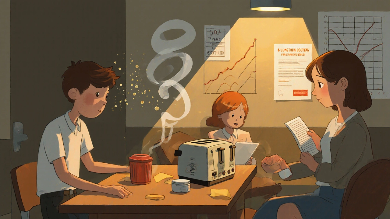 A teen at school avoiding a shared toaster while parents label gluten-free foods at home, with a growth chart rising and a 504 plan on the wall.