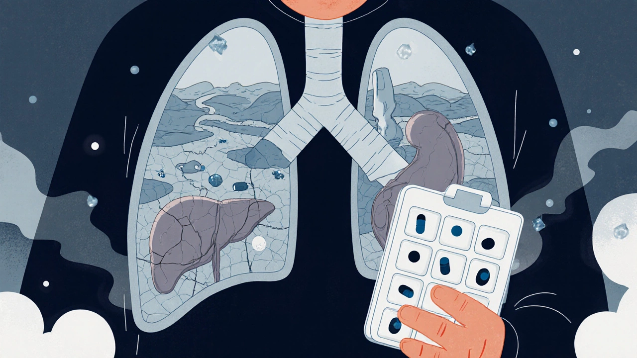 An elderly person with internal organs shown as damaged terrain, hidden beneath a calm exterior.