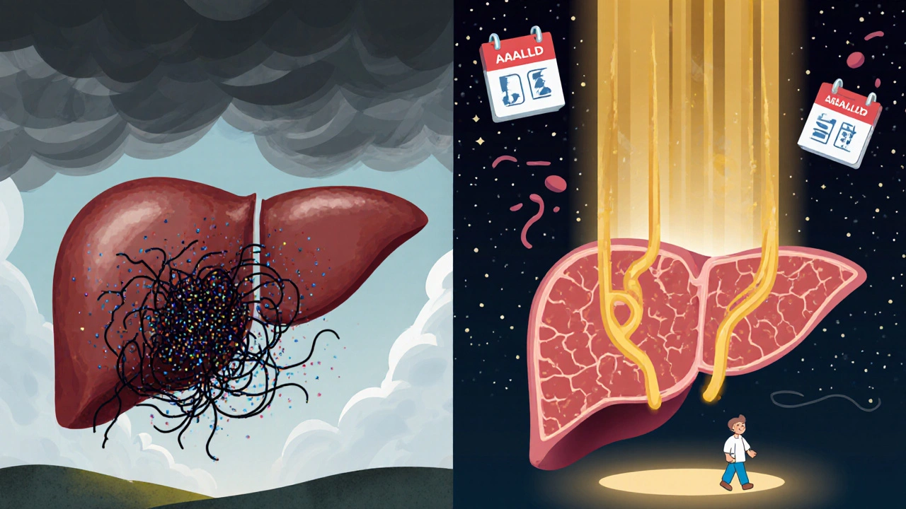 Before-and-after scene of portal vein thrombosis resolution with improved blood flow and shrinking varices.