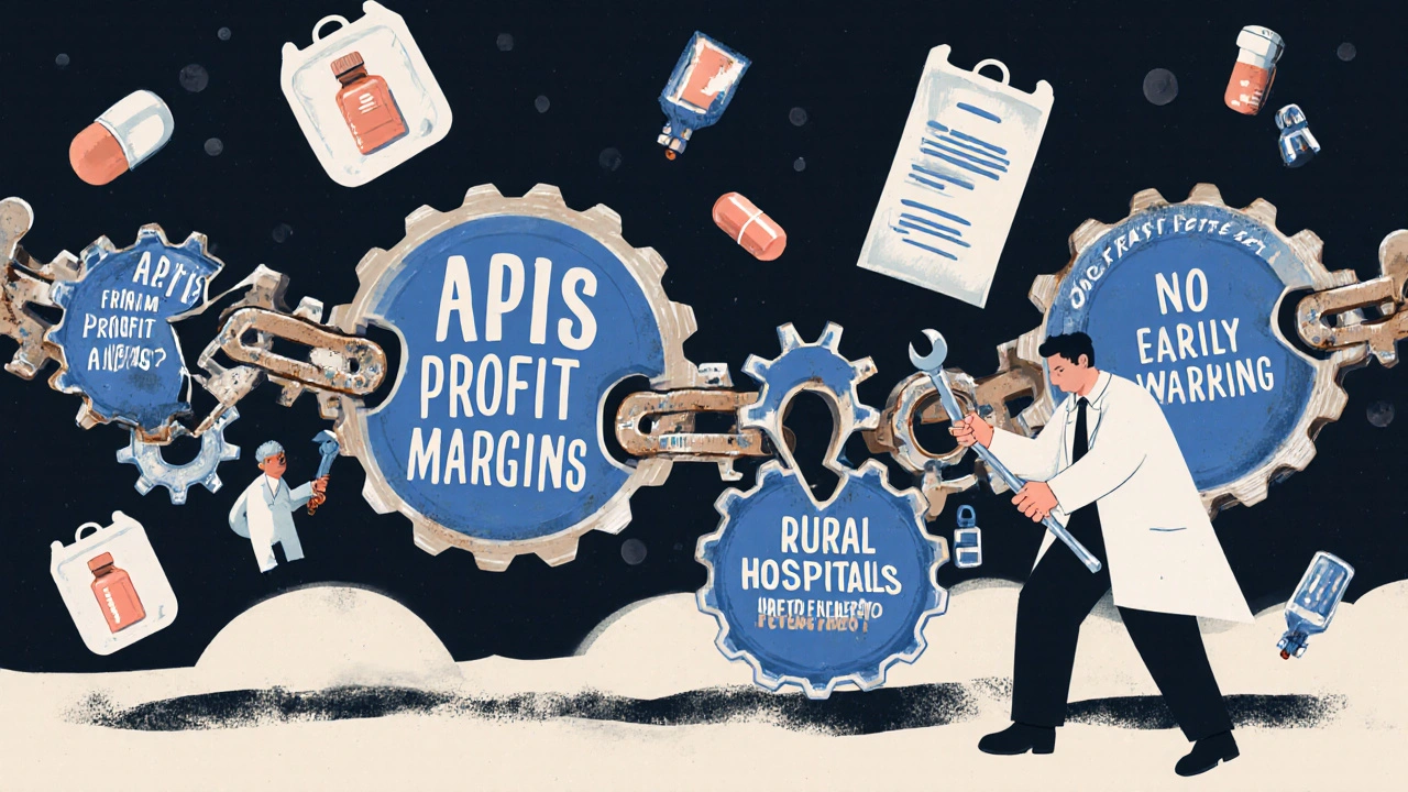 Broken gears representing drug supply chain issues, a pharmacist trying to fix them with a tiny wrench.