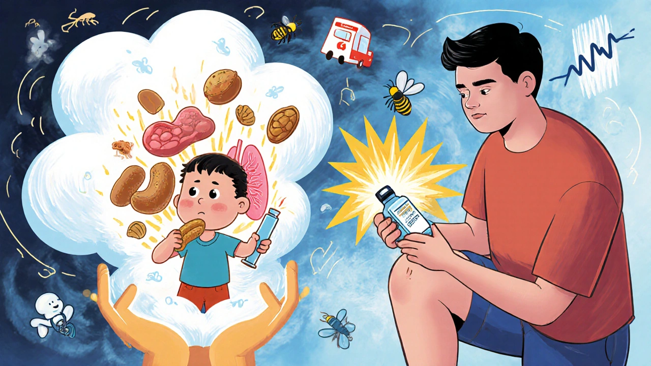 Child exposed to peanut transforms into storm of allergens while parent administers epinephrine injection with glowing vital signs.