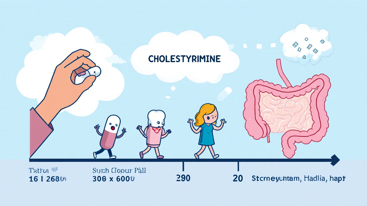 Cholestyramine binding bile acids while other medications are shown moving away in a timeline.