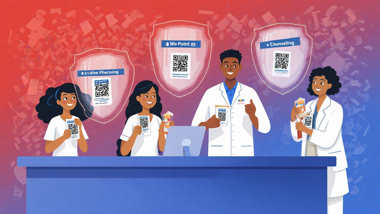 Diverse patients and pharmacists interacting safely at counter, protective shields labeled with safety steps surrounding them.