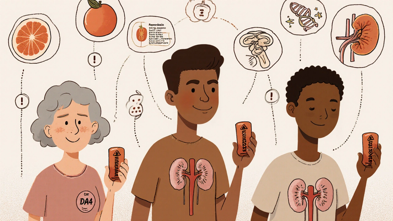 Diverse patients holding different statin pills with floating icons representing risk factors like grapefruit, genes, and enzymes in a scientific comic style.