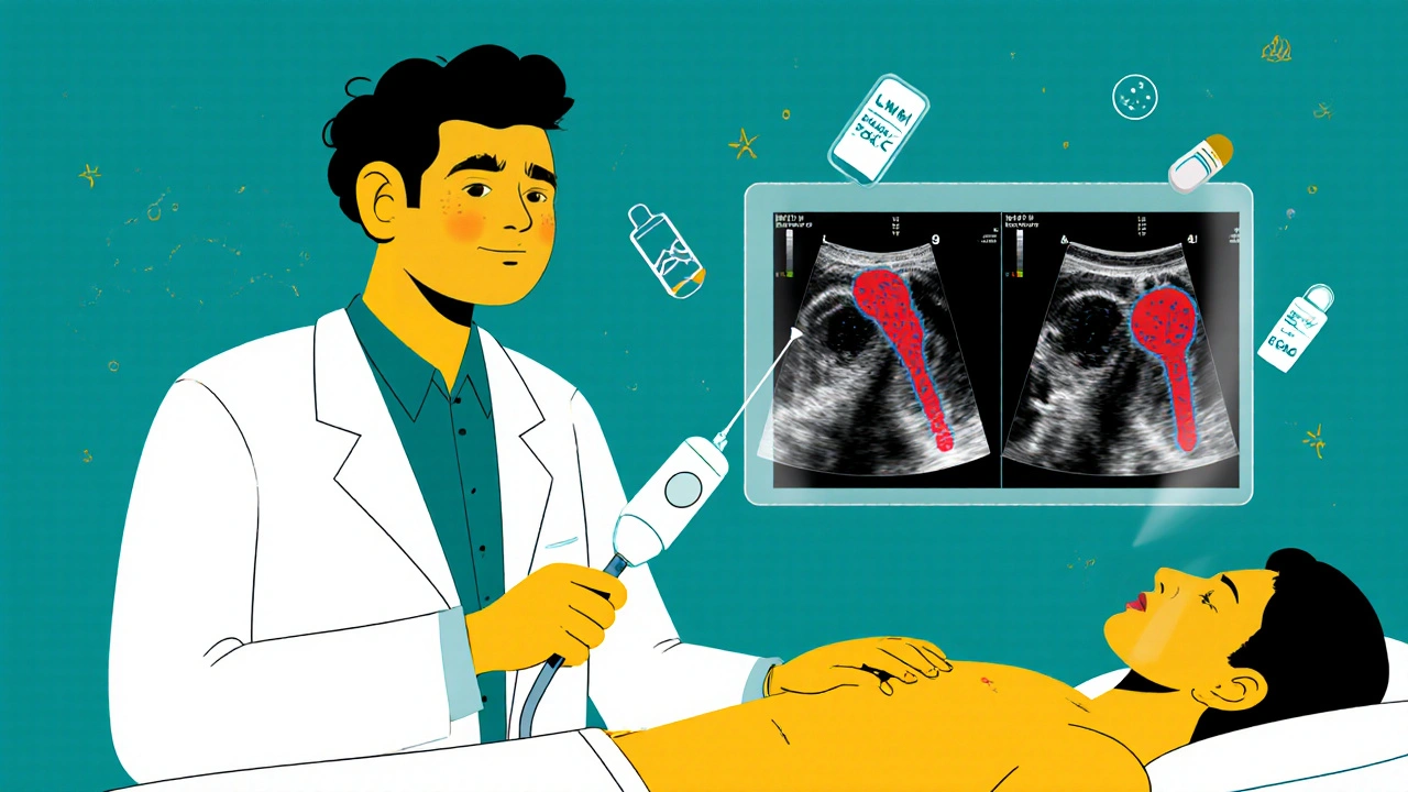 Doctor using ultrasound to detect portal vein thrombosis, with animated blood flow visuals and anticoagulant icons.