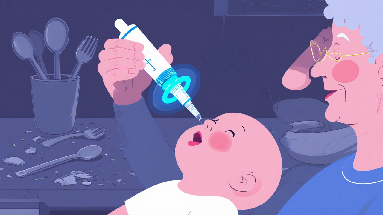 Grandparent using a dropper with a glowing blue ring to give accurate medicine to a baby.
