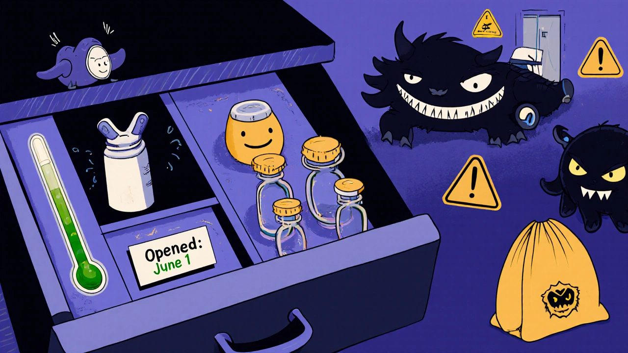 Inhalers safely stored in a dark bedroom drawer with a temperature strip showing green, cartoon style.