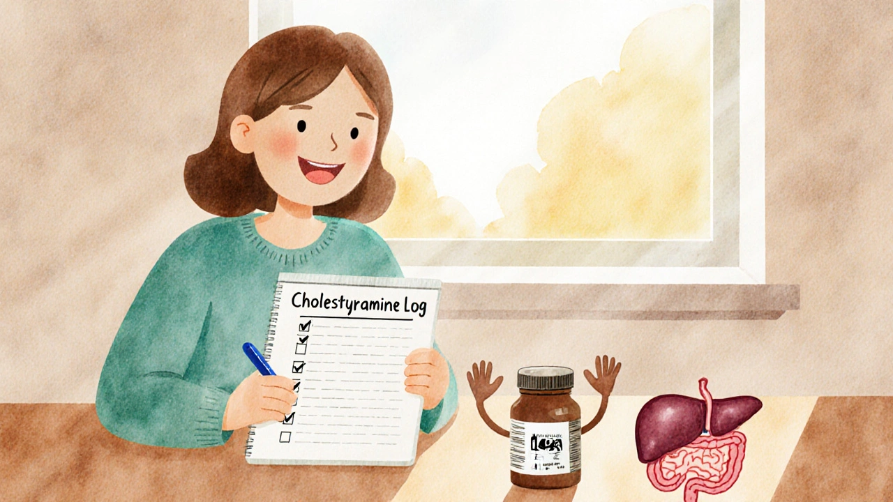 Patient keeping a daily log of cholestyramine doses with a liver and intestine smiling in the background.