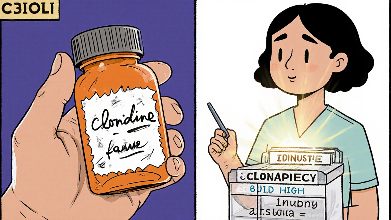 Patient using a labeled pill organizer with clear drug names and purposes, guided by a nurse.