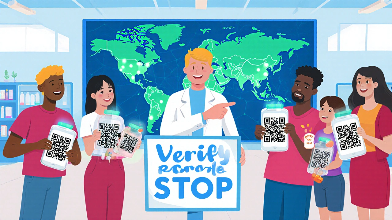 People scanning QR codes on medicine bottles to check FDA recall status, with a pharmacist guiding them.