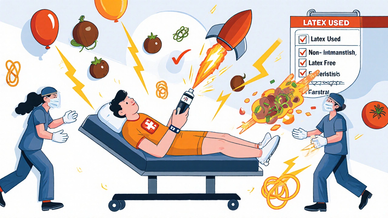 Person receiving epinephrine injection as latex objects and cross-reactive foods explode around them in a medical emergency.