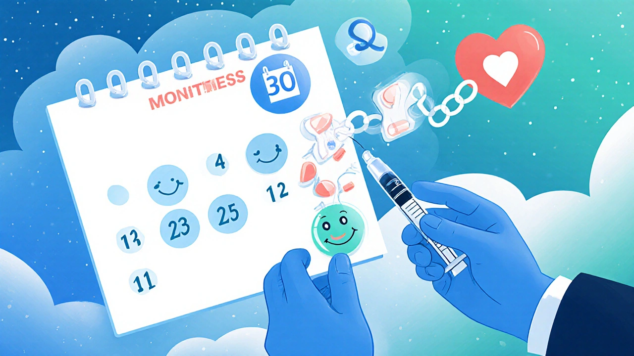 Person receiving monthly injection as daily pills disappear into a single loop.