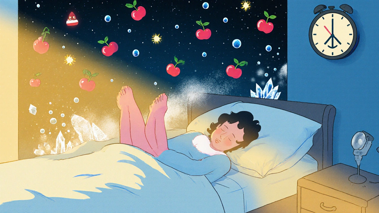 Person sleeping peacefully with propped foot, cherries and water droplets floating above, uric acid crystals dissolving, calm night atmosphere.