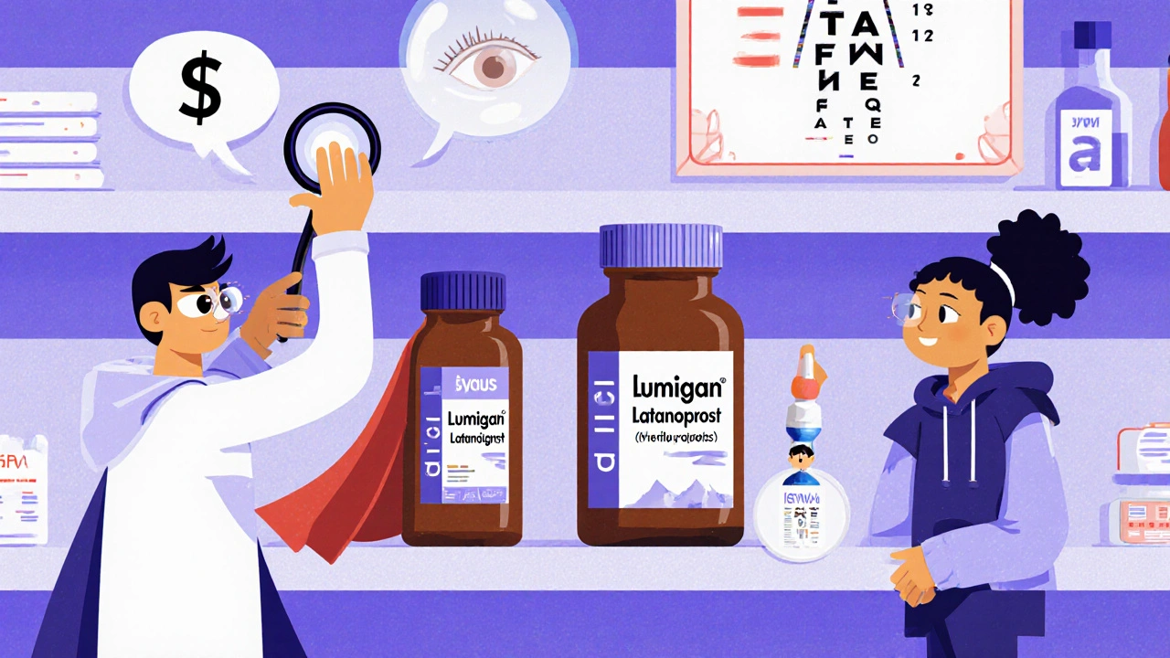 Personified glaucoma medication bottles on a shelf, each with distinct traits, viewed by a curious patient.