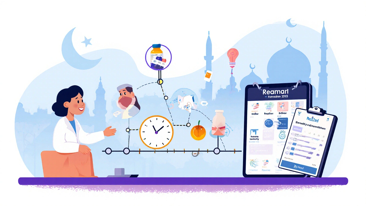 Pharmacist and patient discussing safe medication timing during Ramadan with a digital timeline.