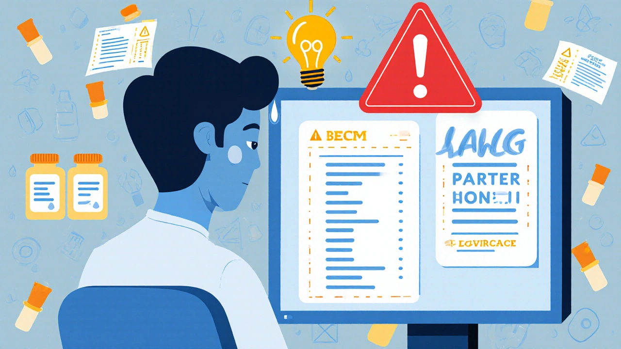 Pharmacist comparing digital and printed drug labels, with a visual alert indicating a mismatch.