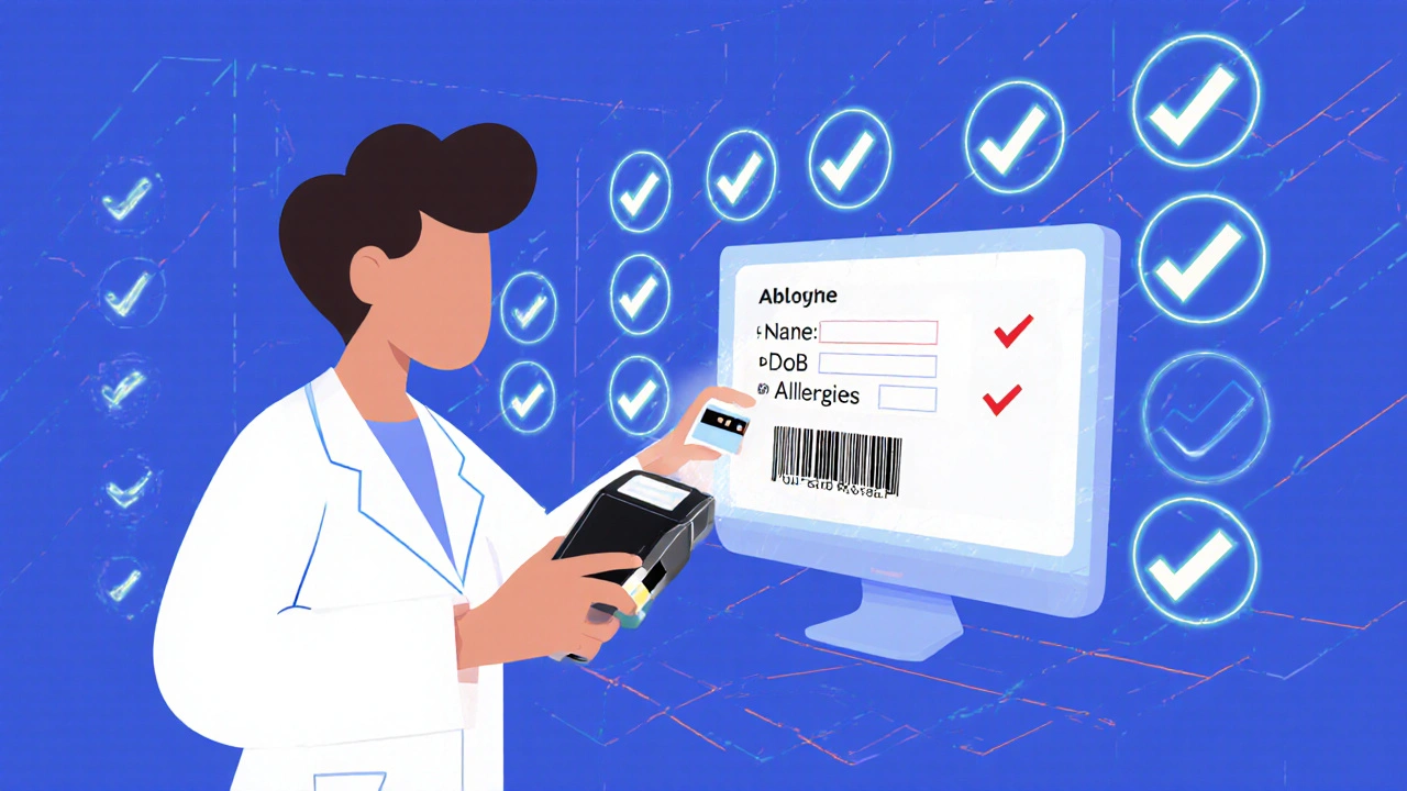 Pharmacist scanning barcode with digital confirmation screen showing matching patient details and medication.