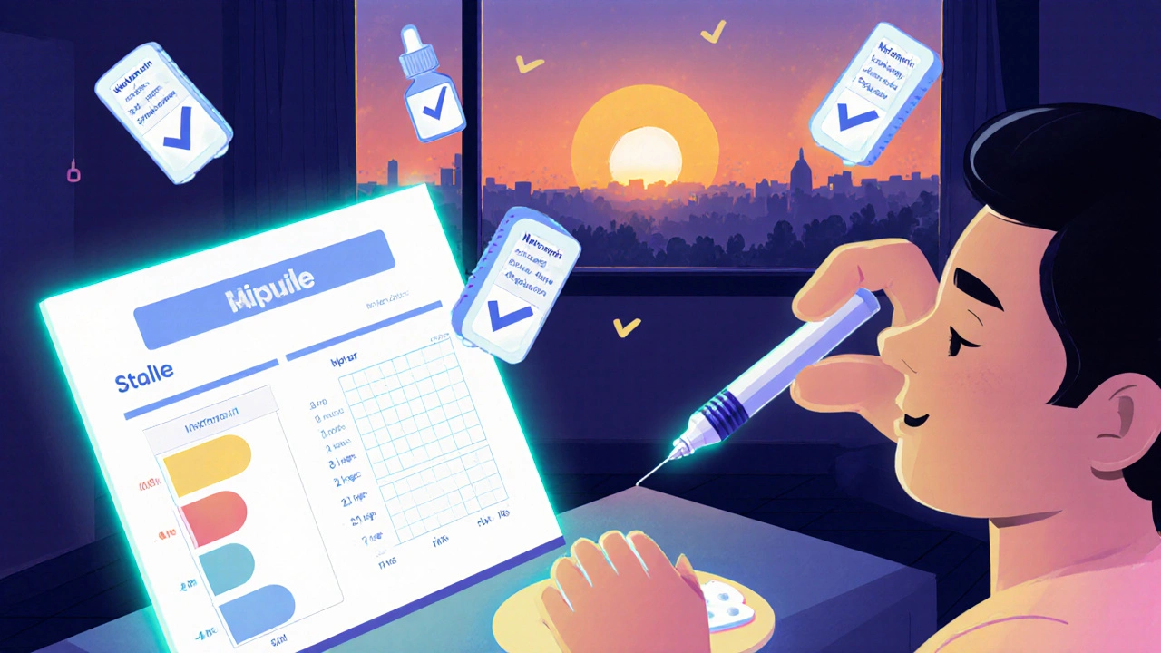 Someone using insulin at sunset with permitted non-oral medications floating nearby.