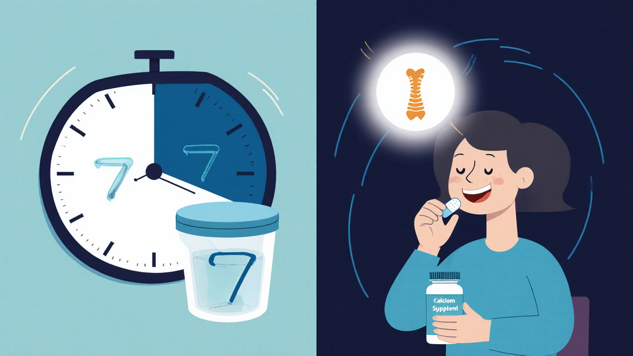 Split illustration showing correct timing: bisphosphonate in morning and calcium at night, with a glowing bone symbolizing effective treatment.