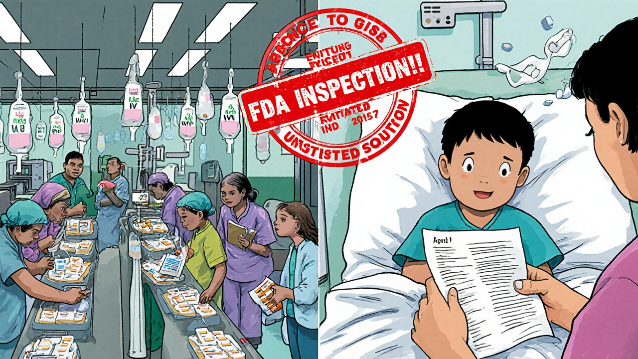 Split scene: drug factory with inspection failure stamp and hospital child receiving substituted IV treatment.