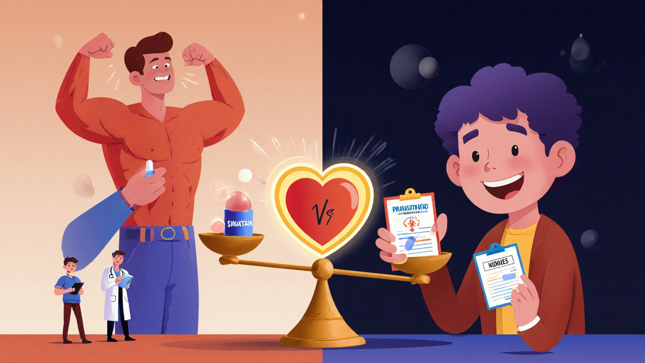 Split scene of a person with muscle pain switching from one statin to another, with a balance scale showing personalized factors influencing side effects.