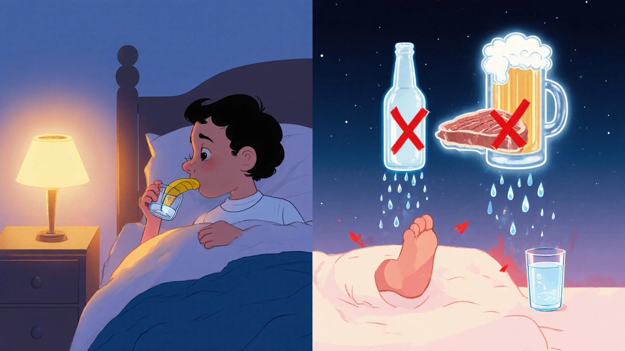 Split scene: person drinking water and eating banana before bed, ghostly alcohol and steak with X marks, healing water flows into body.
