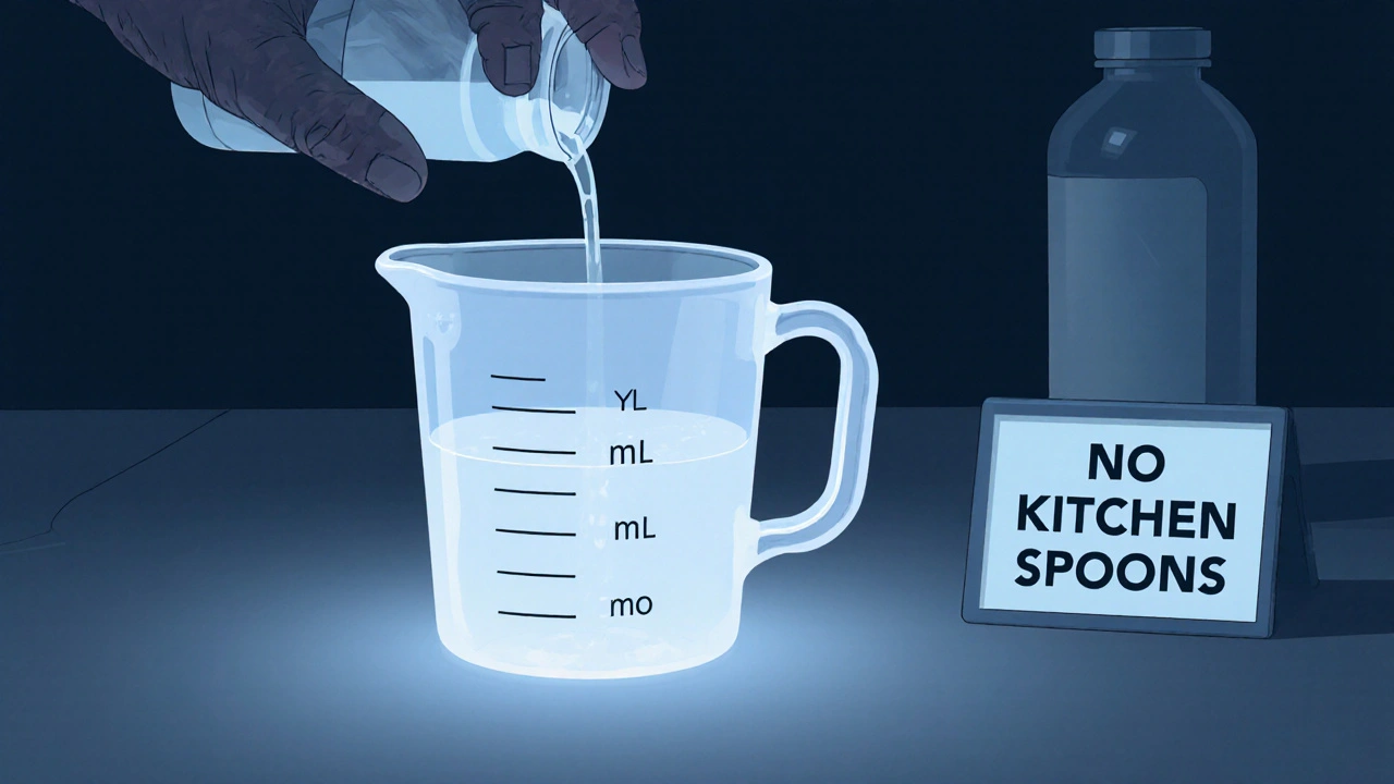 Sturdy measuring cup with raised markings and a glowing fill line, used instead of a kitchen spoon.