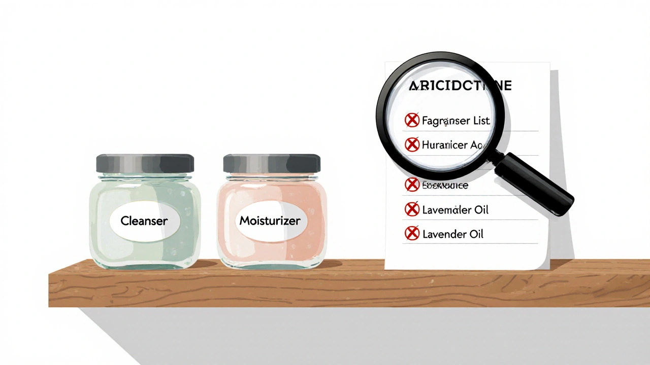 Three simple skincare jars with healing ingredients, beside a magnified ingredient list crossing out fragrances.