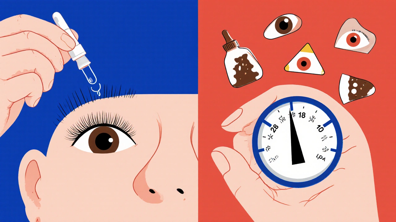 Two hands applying eye drops—one for lashes, one for pressure—with side effect icons floating nearby.