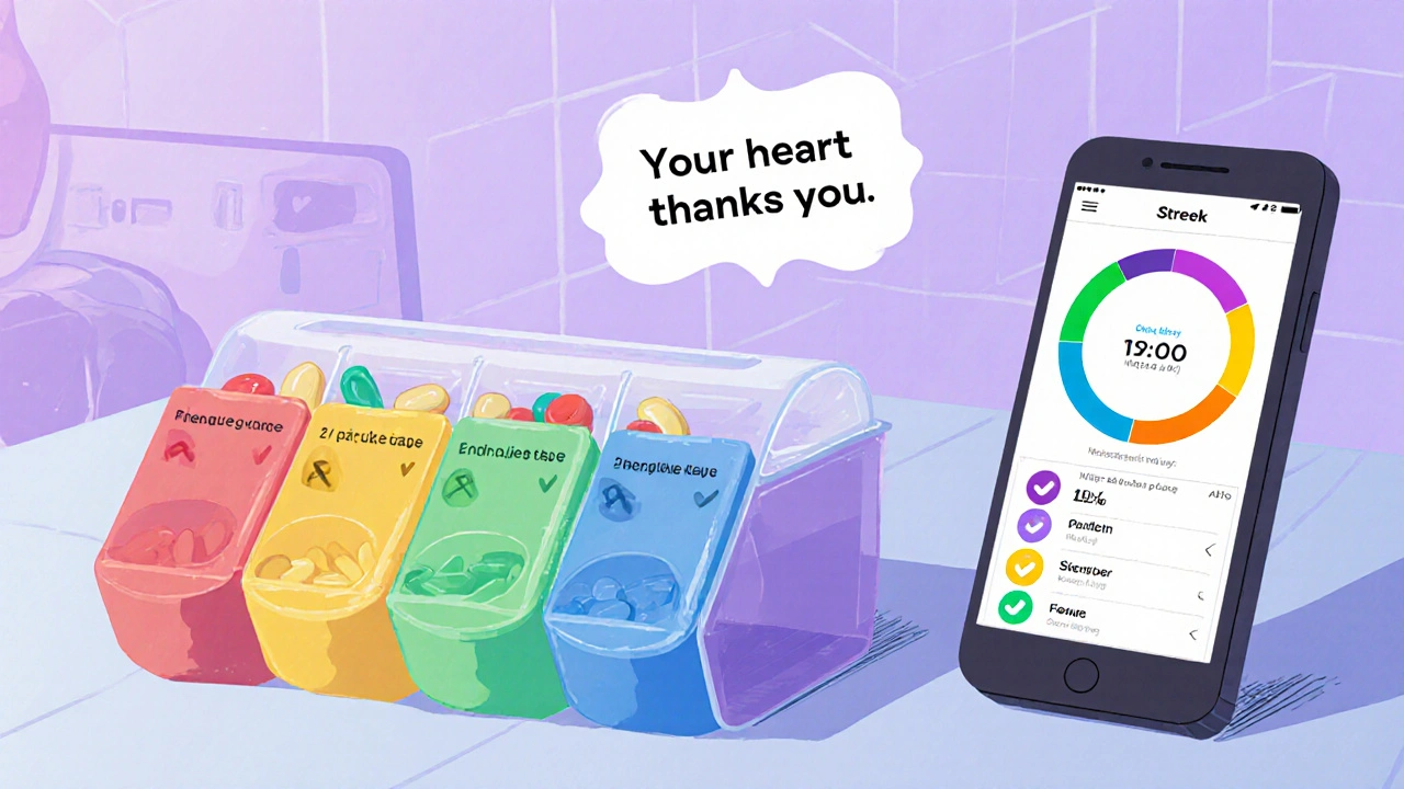 Weekly pill organizer with filled compartments and smartphone showing medication streak.