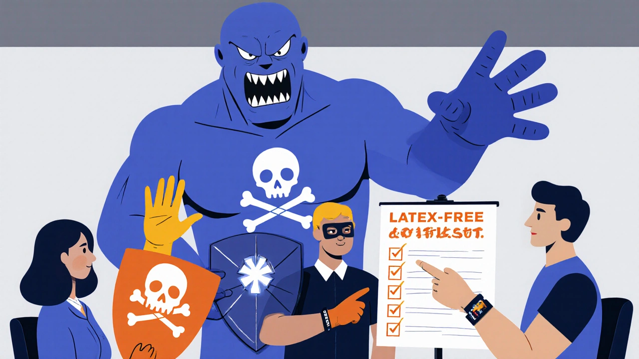 Workers comparing glove types while a giant latex glove looms as a threat in a workplace safety meeting.