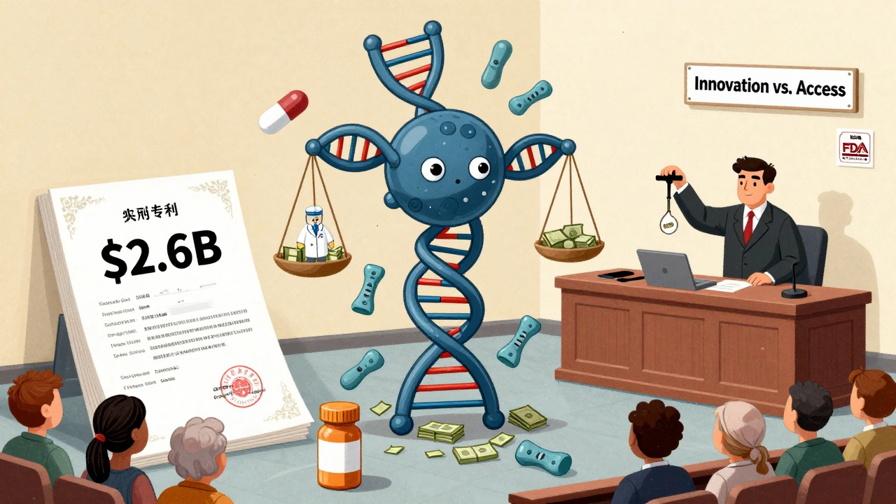 A biologic molecule on trial against expired patents, judged by innovation versus patient access.