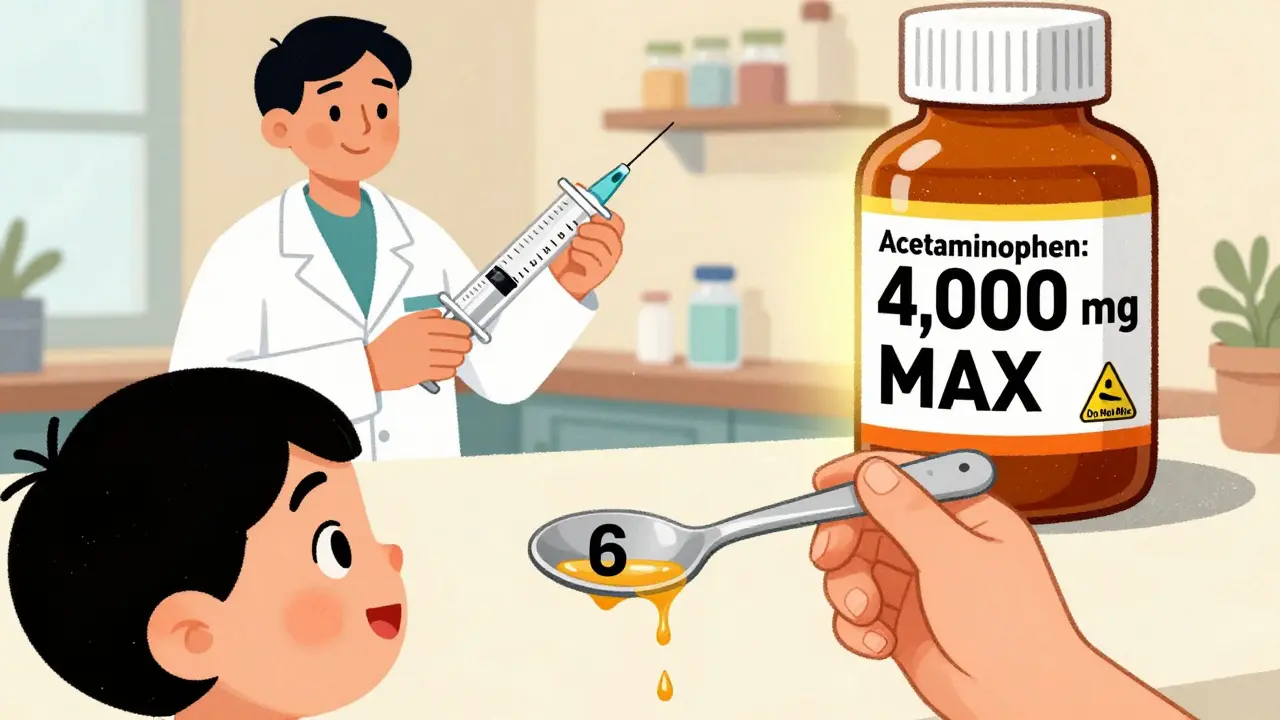 A child being given medicine with a kitchen spoon while a pharmacist offers a proper dosing syringe.