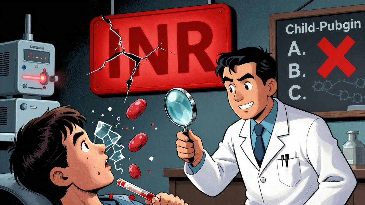 A doctor examining a blood sample with crumbling clotting proteins and a broken INR sign in cartoon medical style.