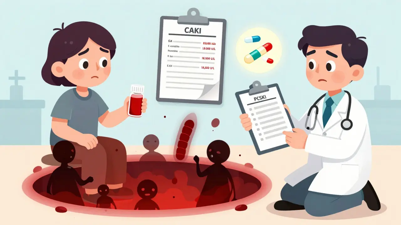 A doctor shows high muscle damage blood results to a patient holding red yeast rice, while muscle fibers collapse into a kidney.