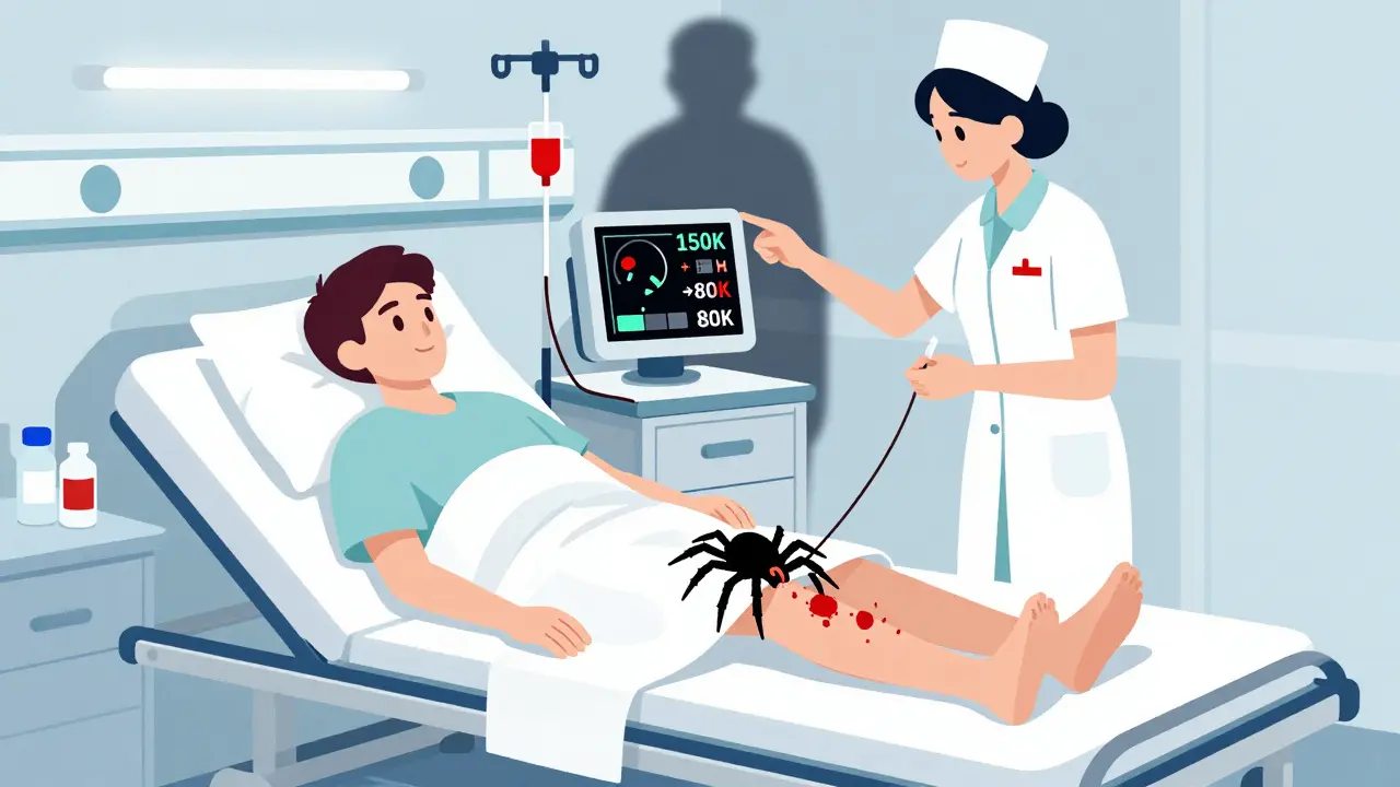 A hospital scene showing a dropping platelet count and a clot forming from an IV line, illustrated in a minimalist cartoon style.