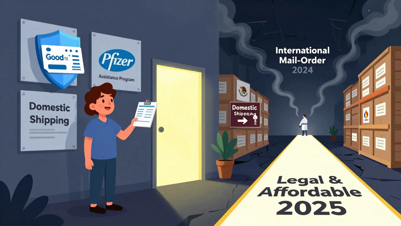 A patient facing alternatives: discount coupons, patient assistance programs, and domestic warehouses, while old international shipping fades away.