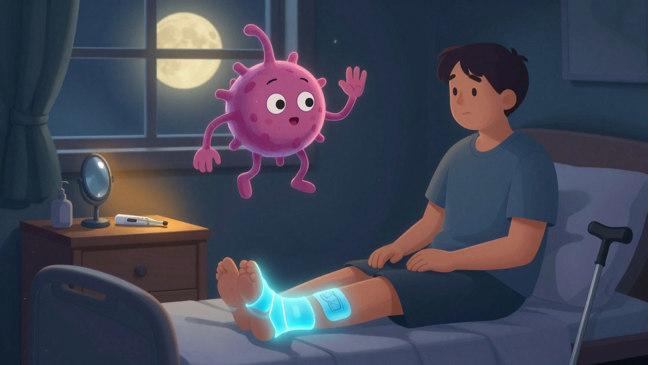 A person at night with glowing foot patch, regenerating nerve cell, and foot care tools under moonlight.