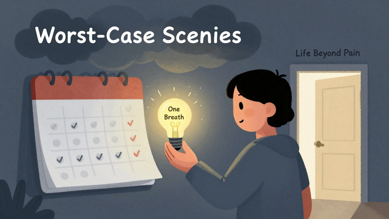 A person holding a small lightbulb of calm while dark thought clouds fade away, with a door to a brighter future slightly open.