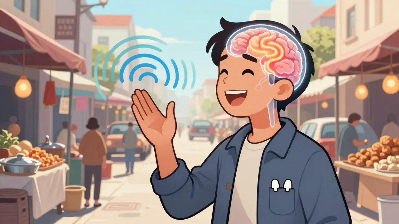 A person relaxed in a busy market, sound waves now soft and colorful, earplugs in pocket, showing recovery.