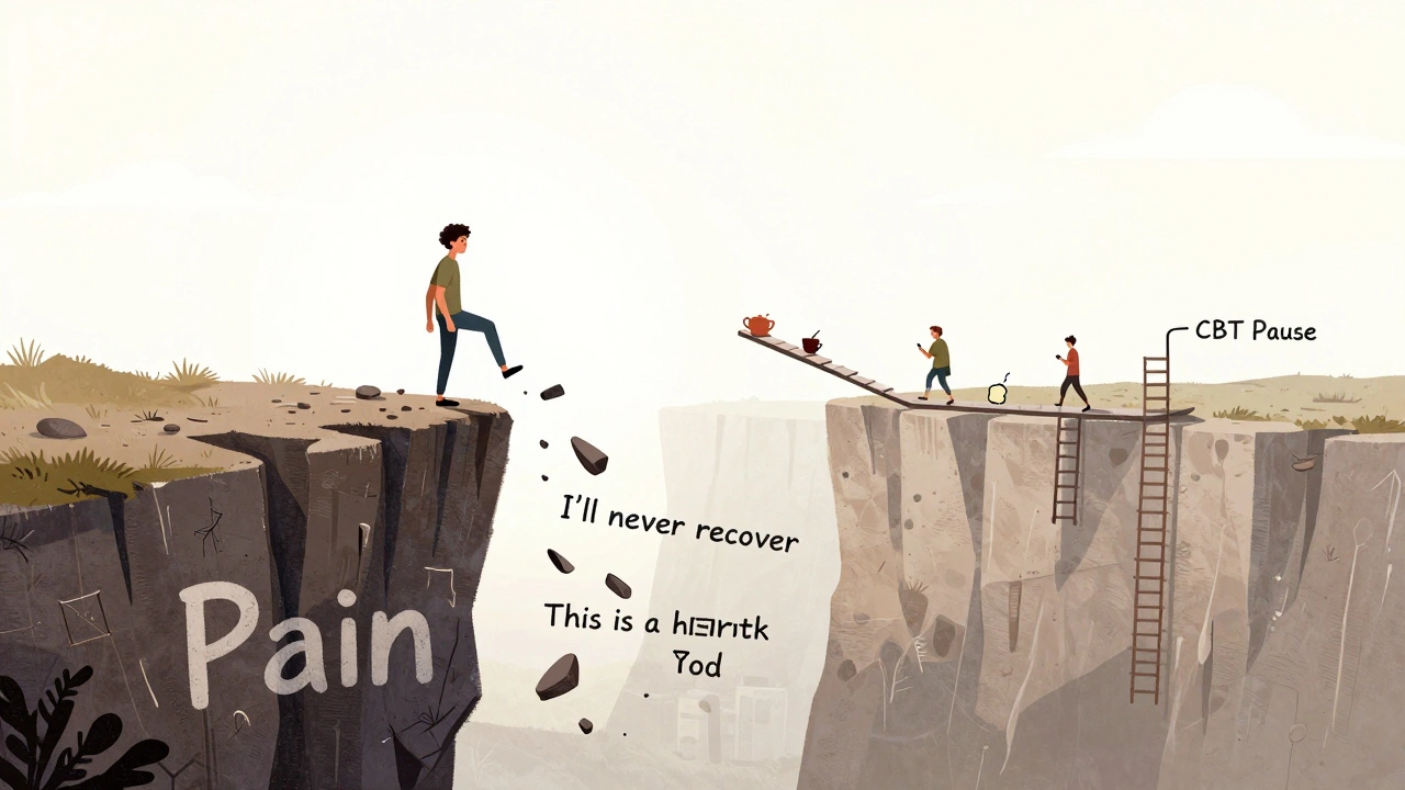 A person stepping onto a floating CBT platform instead of falling off a cliff of catastrophic thoughts.