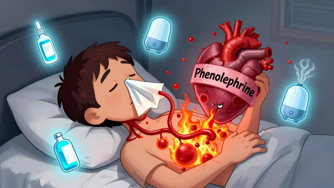 A person with blood vessels leaking from their nose into a straining heart, surrounded by safe alternatives like humidifier and saline spray.