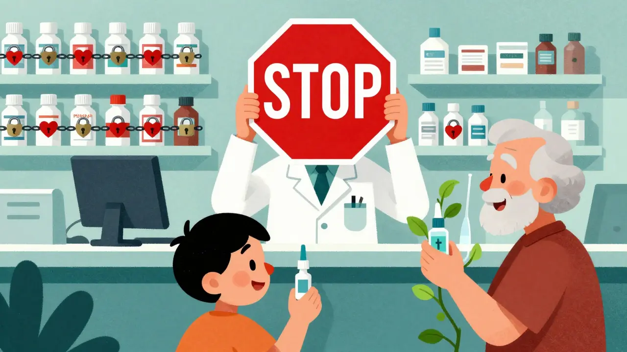 A pharmacist blocking decongestants with a stop sign while patients use safe remedies, all in bold cartoon illustration style.