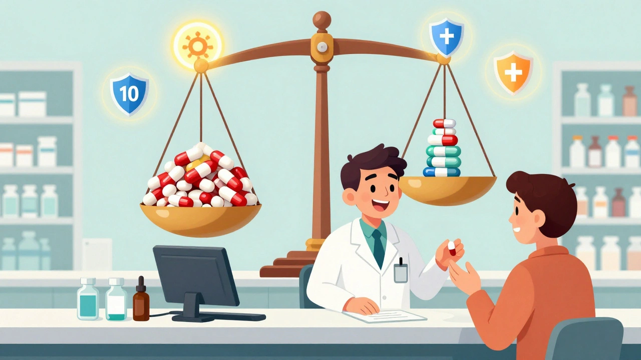 A pharmacist gives a patient a generic pill as a scale shows cheap generics outweighing expensive brands.
