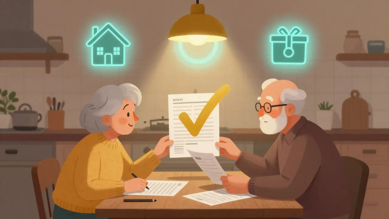 A senior couple reviewing finances at home with icons of excluded assets glowing softly nearby.
