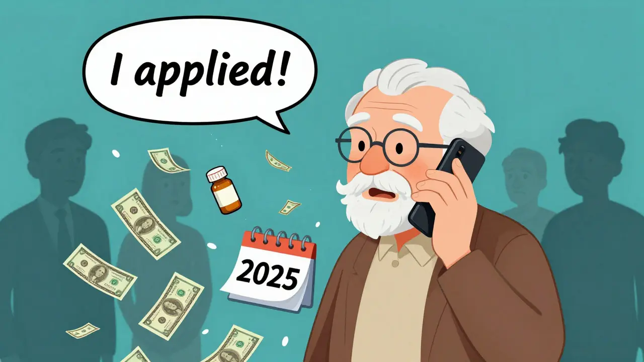 A senior on the phone applying for drug help as savings rain down around them in cartoon style.