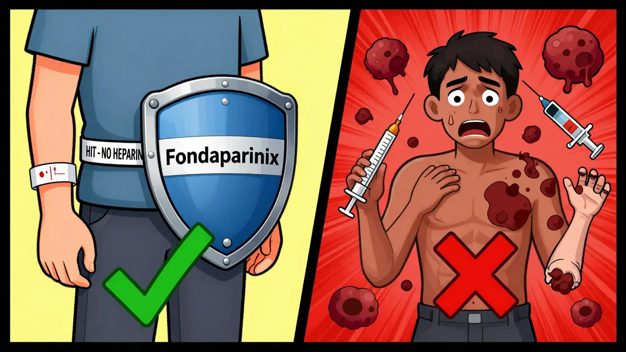 A split-image comparison of a safe patient with alternative medication versus a patient suffering from HIT complications.
